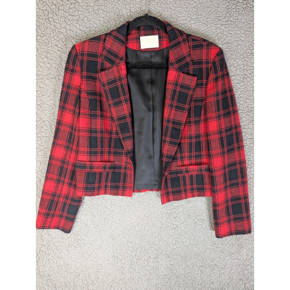 VTG Pendleton Plaid Wool Blazer Red Tartan Academic Crop Jacket Long Sleeve 10